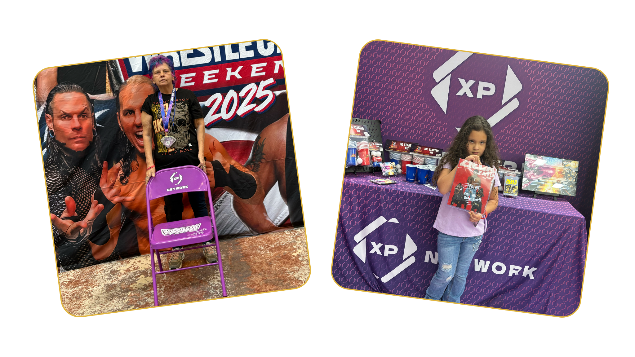 2 images showing the winner of the wrestlecade 2025 x xpnetwork event chair on the left, and the winner of the 8x10 signed by zilla fatu on the right.