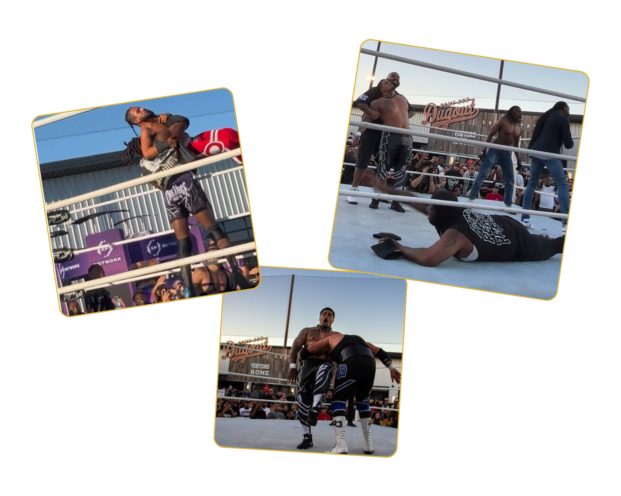 actions shots from the night showing someone johnthan chocked slamed out by EJ, zilla getting spared, and the house money attack during maxo and zilla match