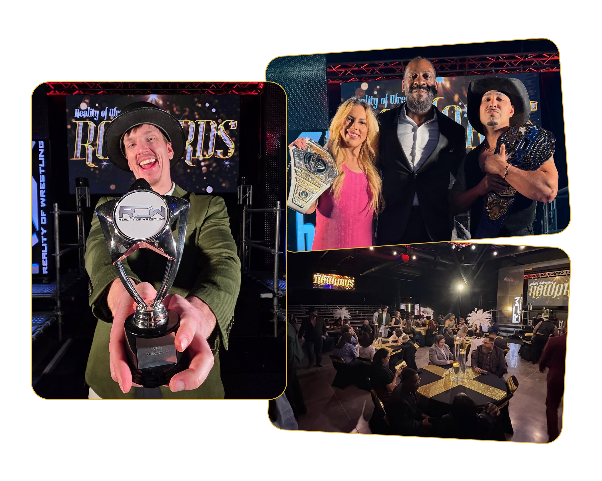 Photo of buck gator with reward. Danny, monica, and booker t together. and shot of the crowd at rowards.