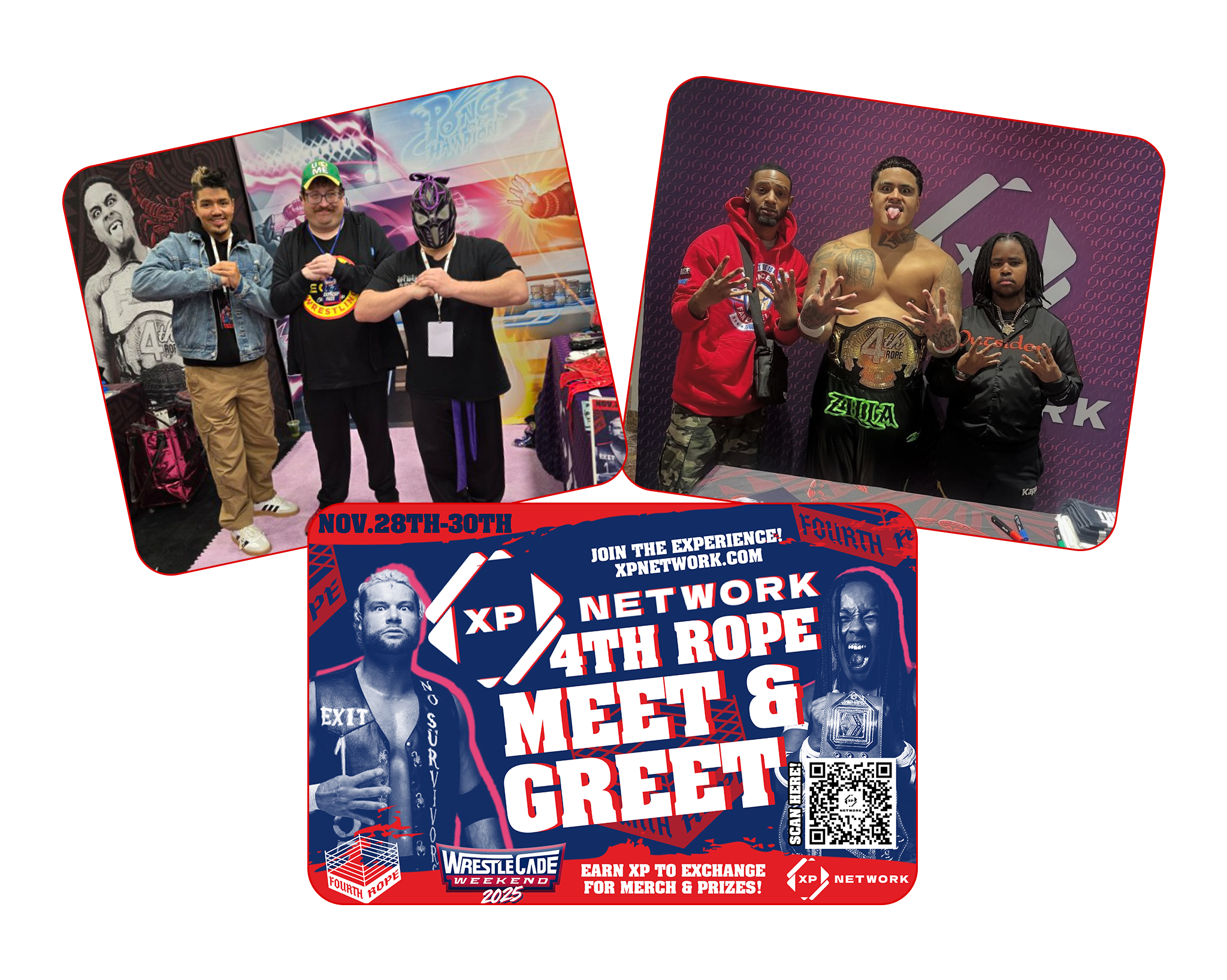 A collage shows fans posing with wrestlers at a convention booth above a promotional graphic advertising the XP Network Fourth Rope meet-and-greet during WrestleCade Weekend.