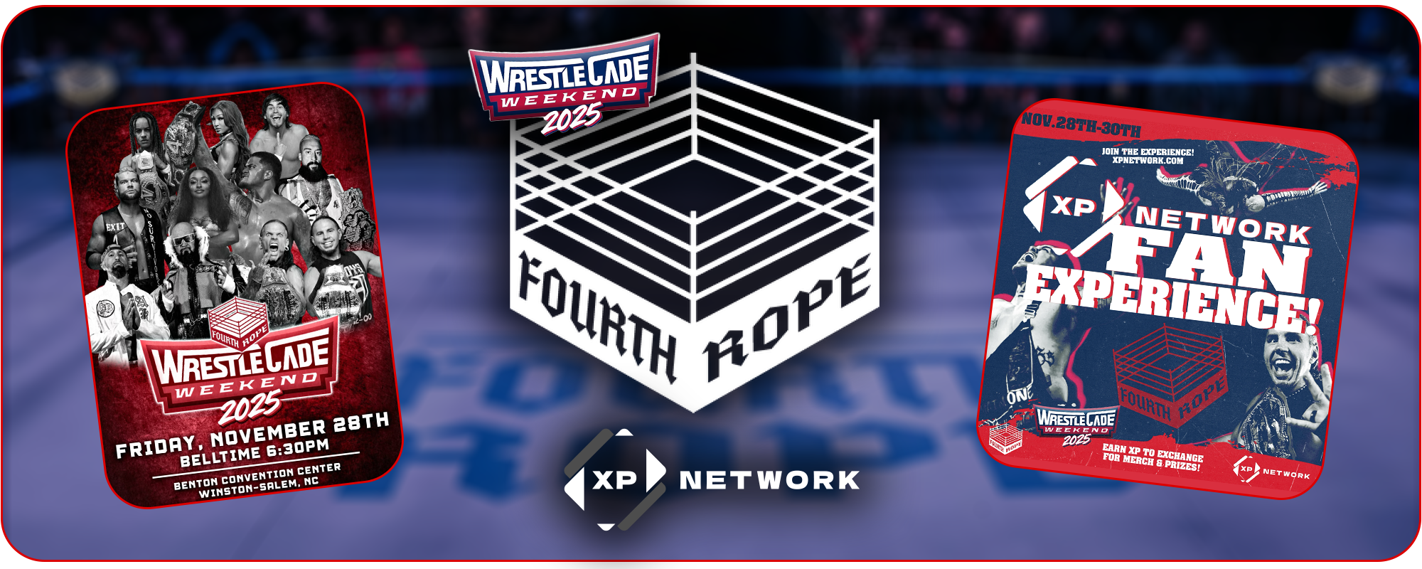 Promotional graphic for WrestleCade Weekend 2025 featuring the Fourth Rope wrestling ring logo between two event posters on a blurred arena background.