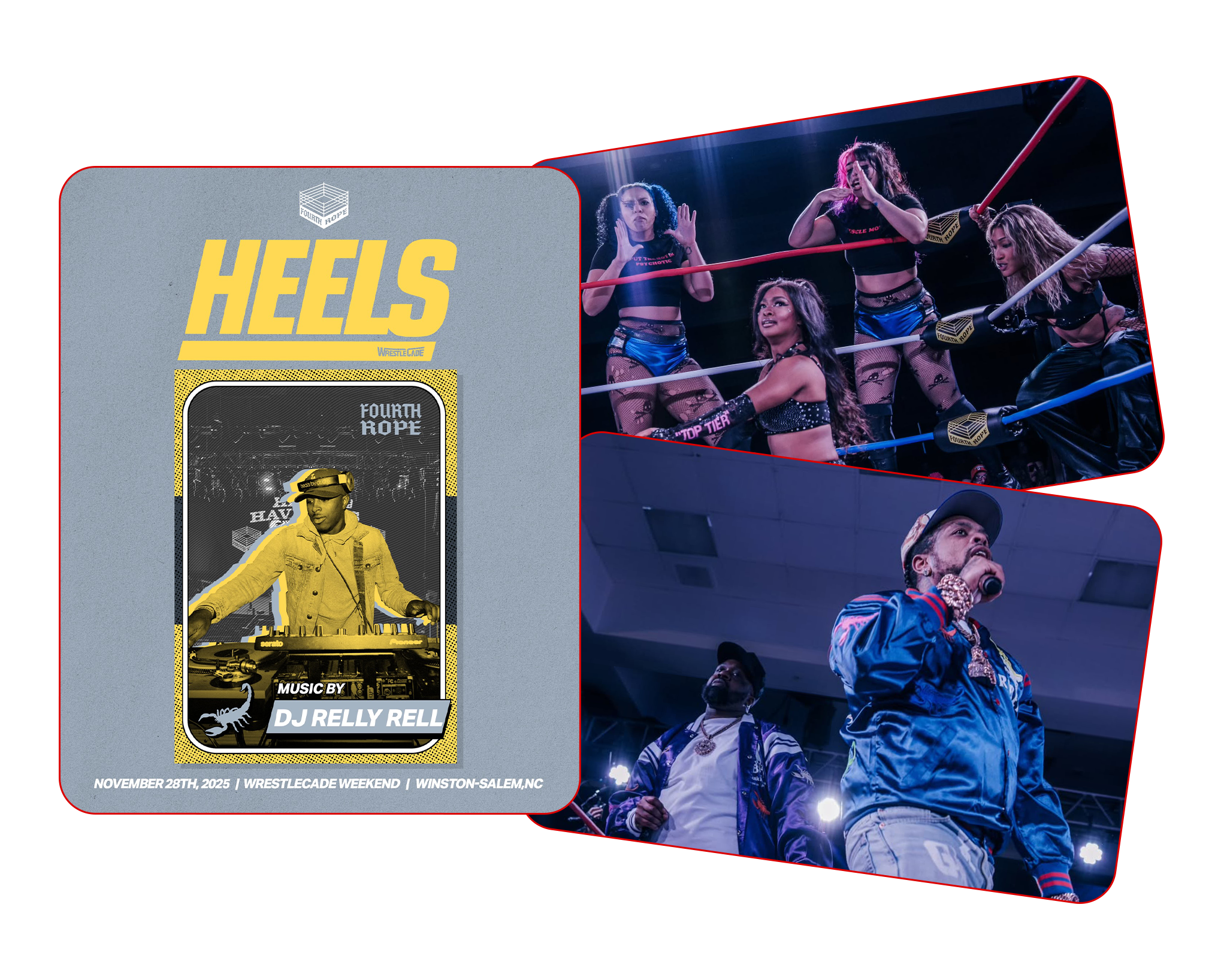 A collage shows a HEELS event poster alongside photos of female wrestlers posing in the ring and a live music performance on stage during WrestleCade Weekend.
