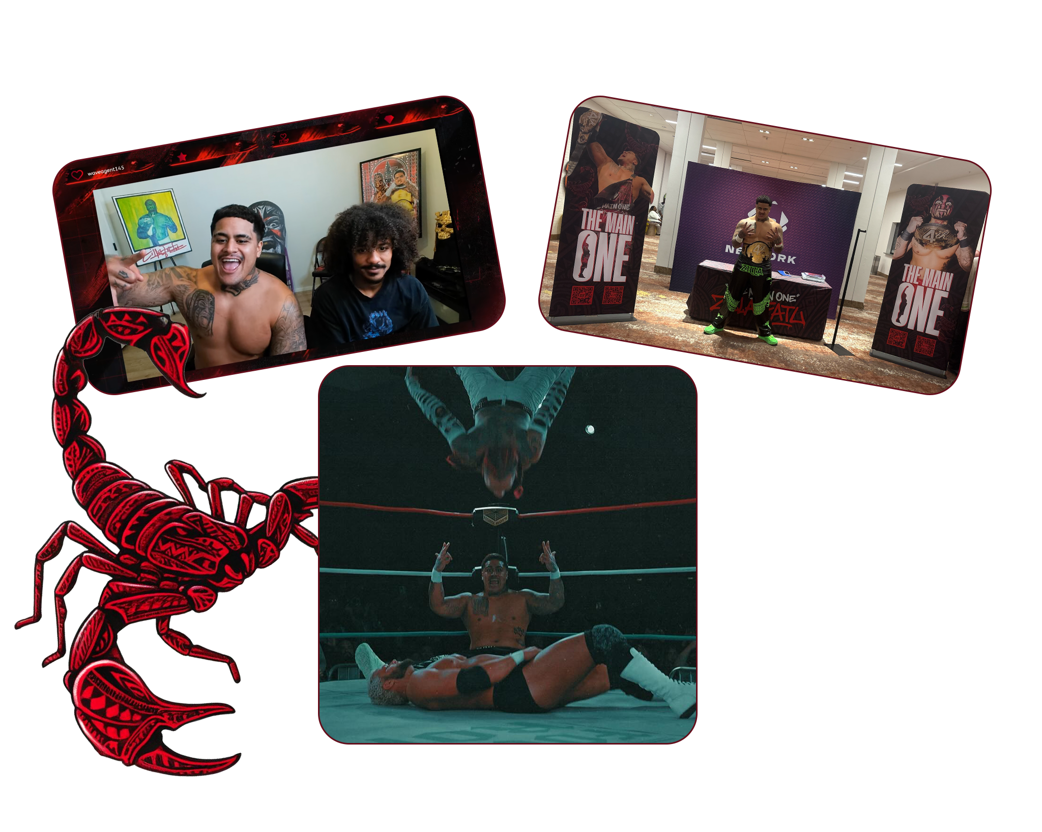 a photo from zilla stram, zilla meet and greet after the fourth rope show at wrestlecade, and a in match photo from the show and zilla scorpion