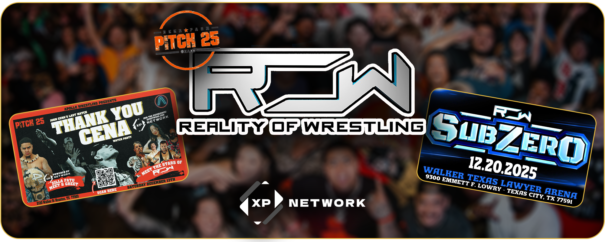 A promotional image featuring the Reality of Wrestling logo with graphics for a John Cena watch party and the ROW SubZero event, presented with XP Network branding.