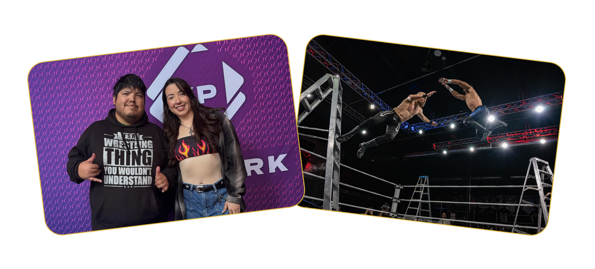 A split image shows a fan posing with a wrestler at an XP Network backdrop and a high-flying ladder match moment inside a wrestling ring.