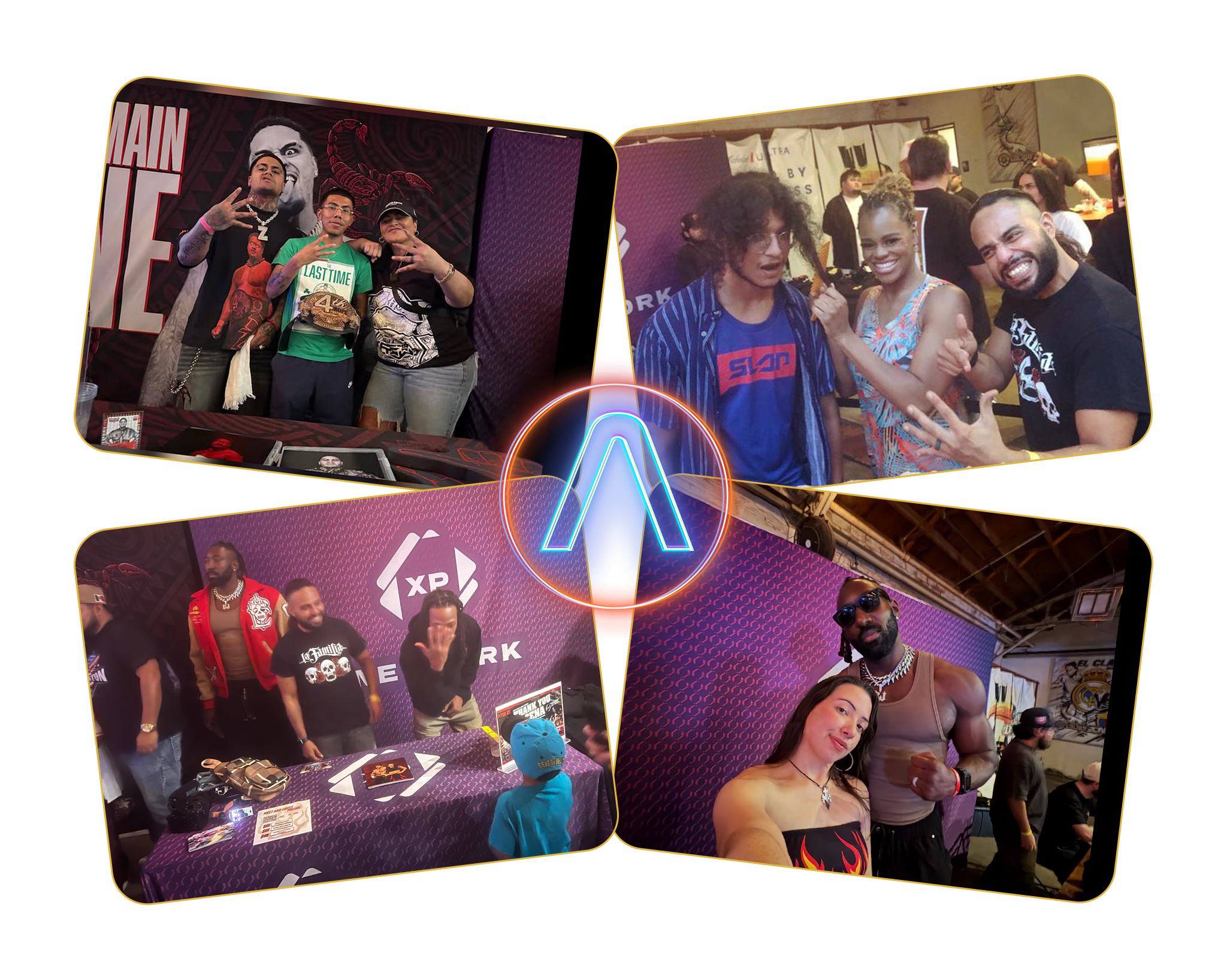 A collage of photos shows wrestlers and fans interacting at XP Network–hosted meet and greets, with group photos and autograph sessions surrounding an XP Network logo.