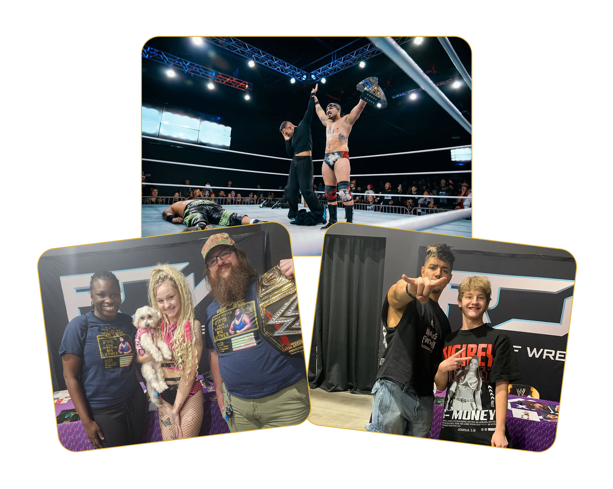 A collage shows a championship celebration inside a wrestling ring and fans posing with wrestlers during post-show meet and greet photo opportunities.