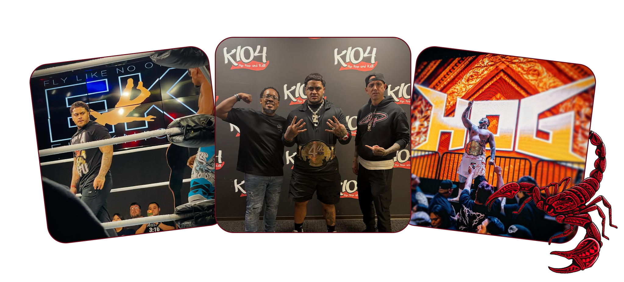 Zilla Fatu appears in the ring during a confrontation, poses with radio hosts while wearing a championship belt, and stands on a stage holding a title in front of a large HOG display.