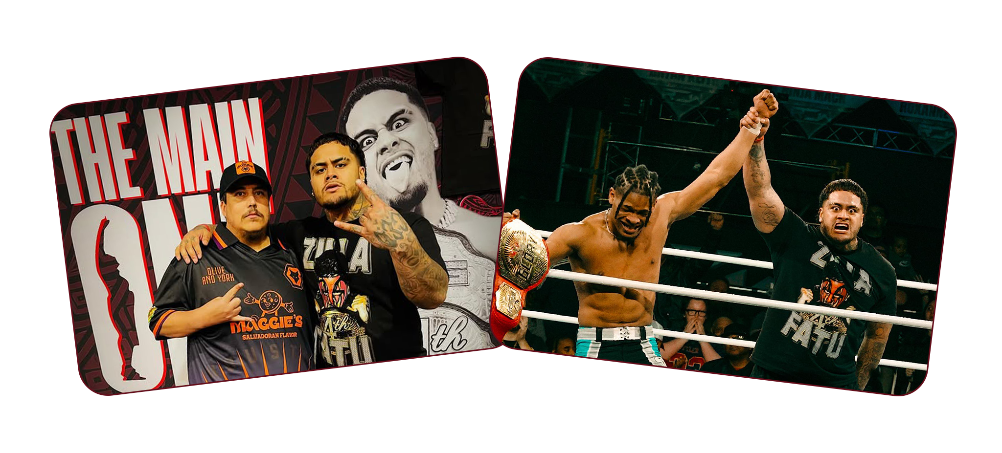 Zilla Fatu poses with a supporter in front of a “Main One” backdrop and later raises a championship belt in the ring beside another wrestler.