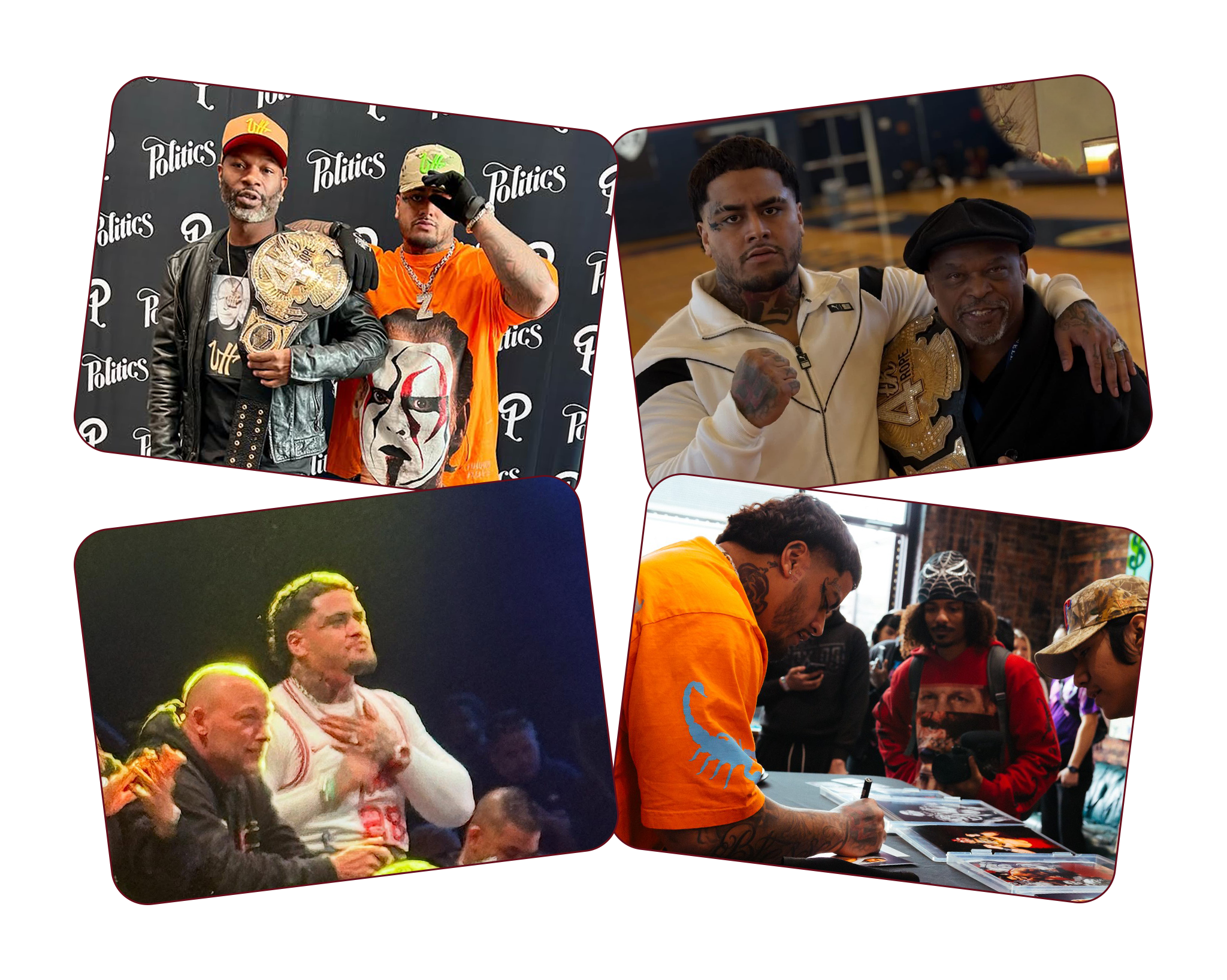Zilla Fatu poses with fellow wrestlers and fans at Sneaker Politics, shares a moment with an older supporter while holding a championship belt, reacts intensely at ringside, and signs merchandise for fans at a meet and greet.