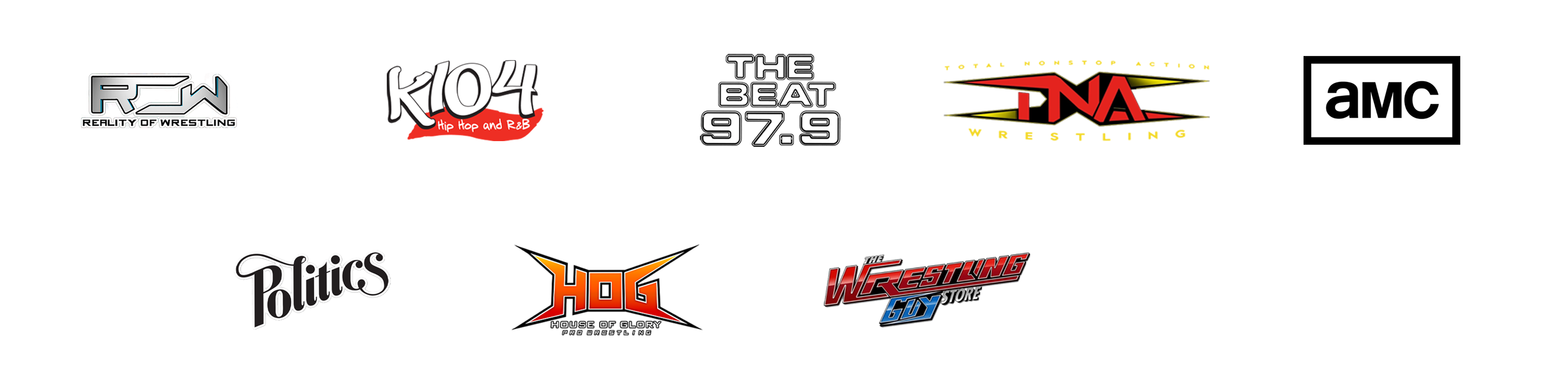 A transparent background featuring partner and media logos including Reality of Wrestling, K104, 97.9 The Beat, TNA Wrestling, AMC, Sneaker Politics, House of Glory, The Wrestling Guy Store, and XP Network.