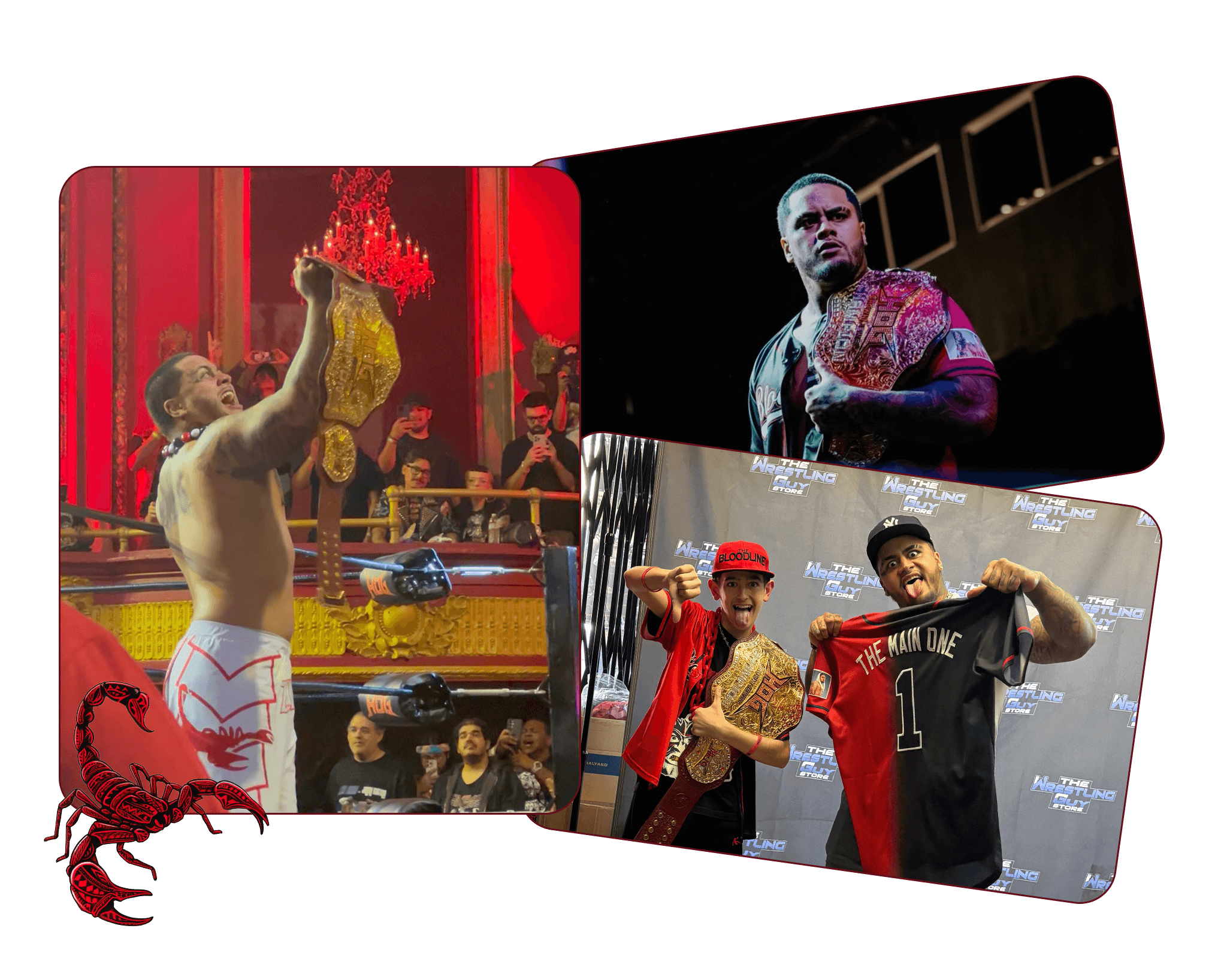 Zilla Fatu celebrates with a championship in a red-lit venue, stands confidently wearing the title in the ring, and poses with a young fan holding a belt at a meet and greet.