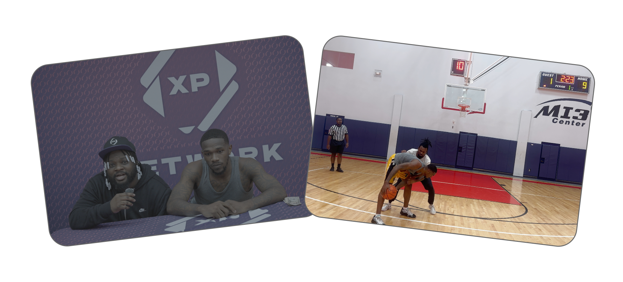 Two side-by-side images showing an XP Network interview setup on the left and live 1v1 basketball action at the MI3 Center on the right.