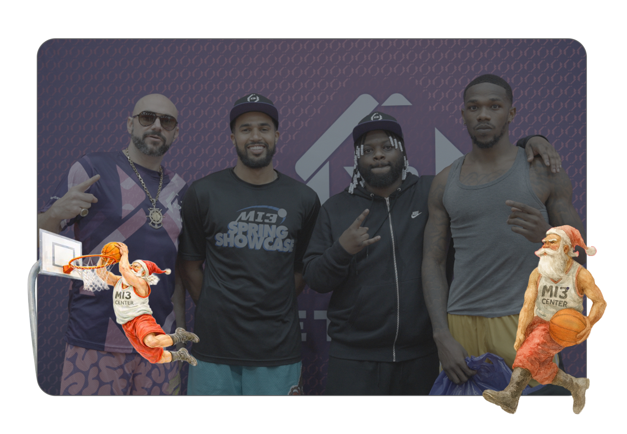 Group photo of participants and organizers in front of an XP Network backdrop, with festive basketball-themed graphics added in the corners.