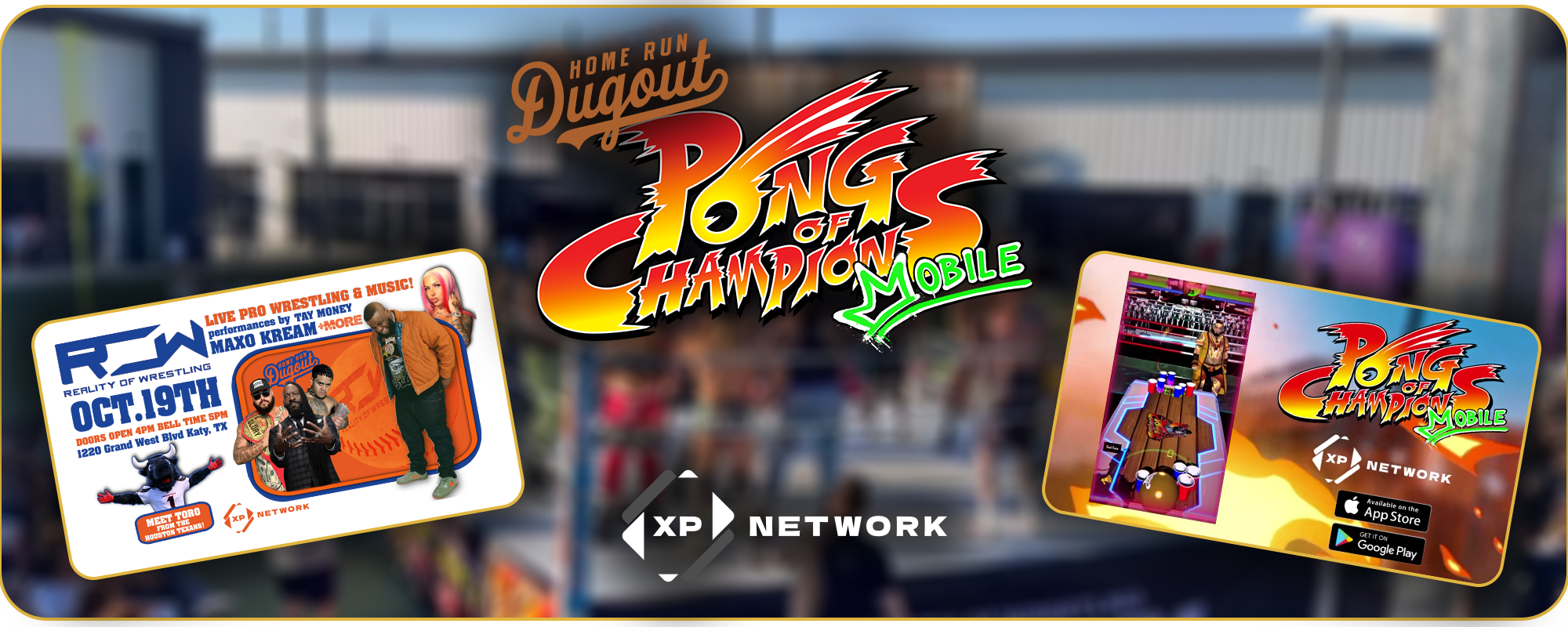 Header image for News letter showing Pong of Champions Mobile Logo, Bases Loaded Flyer, and Pong of Champions Trailer Thumbnail